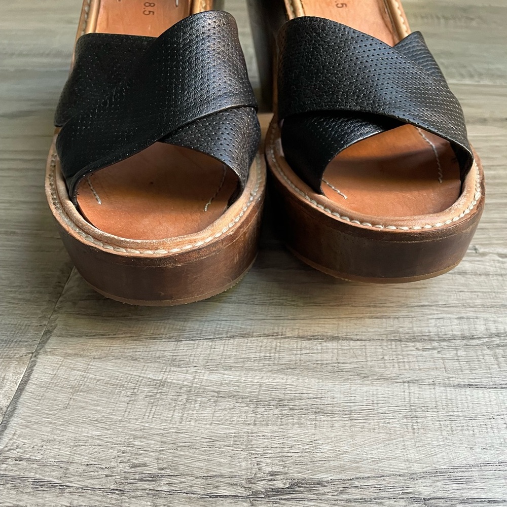 Rachel Comey Black Leather Cross-Strap Wedge Sandals with Wood Platform - Picture 6 of 16
